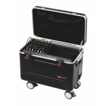 Ouvrez PARAT MicroCase TC15 avec compartiments de chargement visibles pour 15 tablettes et gestion des câbles.
