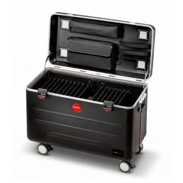 Étui de chargement ouvert PARAT TC16 TwinCharge avec compartiments visibles pour 16 tablettes et espace de rangement en haut.