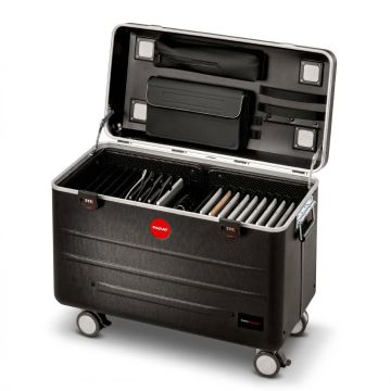 Étui de chargement ouvert PARAT TC20 TwinCharge pouvant accueillir 20 tablettes, y compris la gestion des câbles et les accessoires.