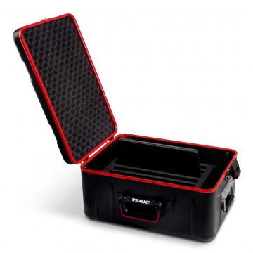 Mallette de transport Open PARAT Case Notebook ACTIVE avec compartiments visibles pour 8 ordinateurs portables, noire avec bordure rouge.