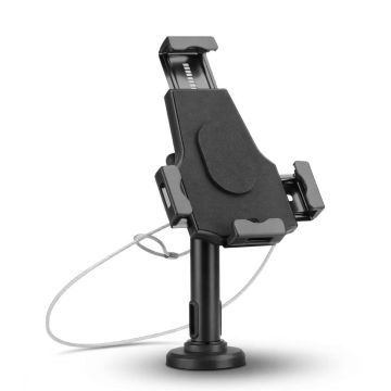 Vue latérale du support de table fixe verrouillable Manhattan pour tablettes, avec support réglable et sécurité par câble.