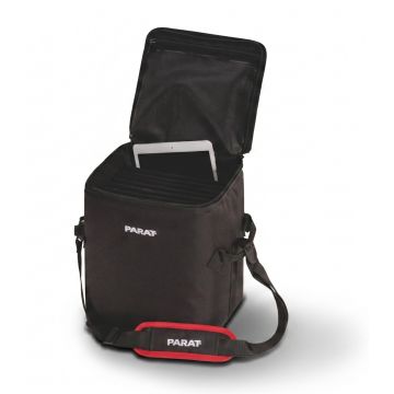 Ouvrez le PARAT TB10 TabletBag avec une tablette visible dans le compartiment, noir avec une bandoulière réglable.