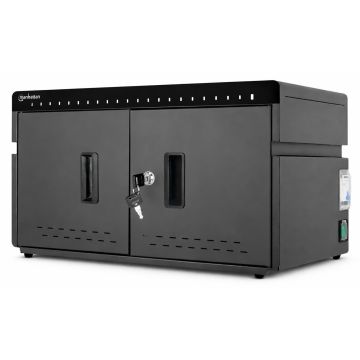 Vue latérale de l'armoire de chargement USB-C Manhattan avec portes fermées et clé pour la sécurité.