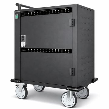 Vue latérale du chariot de chargement Manhattan USB-C avec serrure à code numérique, avec roues visibles et compartiments de rangement pour 32 appareils.