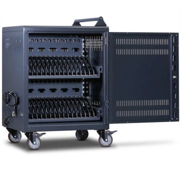 Vue latérale du chariot de chargement Power Technologies AC-30 avec porte ouverte et compartiments de chargement visibles pour 30 appareils.