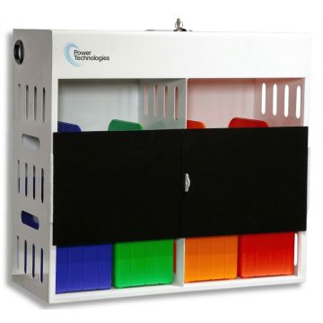 Vue latérale de l'armoire de chargement Power Technologies AC-GO-16 avec compartiments fermés et paniers colorés pour 16 appareils.
