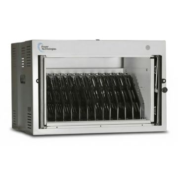 Vue latérale de l'armoire de chargement Power Technologies AC-MINI avec compartiments ouverts pour 12 ordinateurs portables.