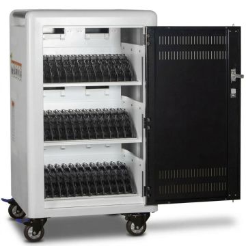 Chariot de chargement USB-C AC-PLUS-T-H65C Open Power Technologies avec compartiments visibles pour 36 appareils et câbles.