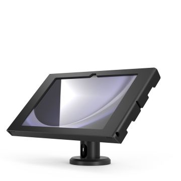 Vue latérale du support de table Compulocks Rise pour Samsung Galaxy Tab A11+, avec une finition noire moderne.