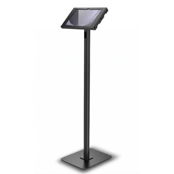 Vue latérale du support de sol Compulocks Swift Apex pour Samsung Galaxy Tab A9, noir, avec une tablette montée.