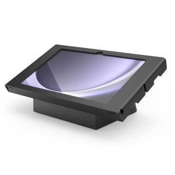 Vue latérale du support de table Compulocks AV Capsule Apex pour Samsung Galaxy Tab A11+, noir, avec une tablette inclinée.