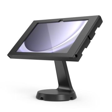 Vue latérale du support de table Compulocks Mast Apex noir pour Samsung Galaxy Tab A9+, avec une tablette inclinée.