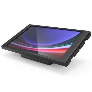 Vue latérale du support de table Compulocks AV Capsule Apex pour Samsung Galaxy Tab S10 Ultra en noir, avec un écran incliné.