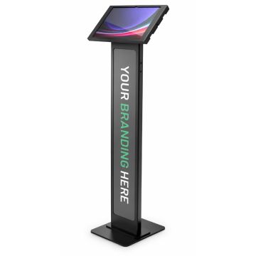 Vue latérale du support de sol noir Compulocks BrandMe Apex avec Samsung Galaxy Tab S11 Ultra, avec option de marquage.