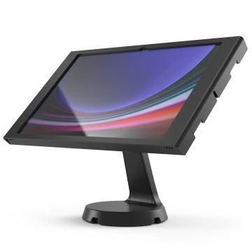 Vue latérale du support de table Compulocks Mast Apex pour Samsung Galaxy Tab S11 Ultra en noir, avec un coin incliné pour une visibilité optimale.