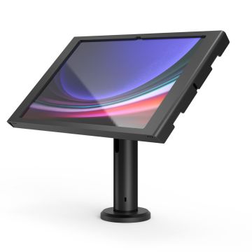 Vue latérale du support de table Compulocks Rise avec un Samsung Galaxy Tab S10 Ultra, à angle réglable.