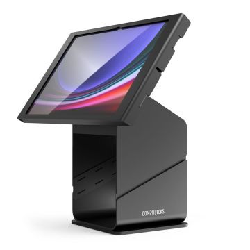 Vue d'angle du kiosque d'imprimante pour tablette Compulocks avec un Samsung Galaxy Tab S10 Ultra, avec une tablette inclinée pour utilisation.