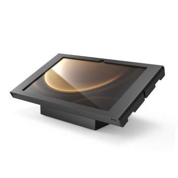 Vue latérale du support de table Compulocks AV Capsule Apex pour Samsung Galaxy Tab S10+, avec une finition noire moderne.