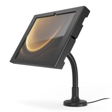 Vue latérale du support de table Compulocks Flex Apex noir avec bras flexible pour Samsung Galaxy Tab S10 FE+.