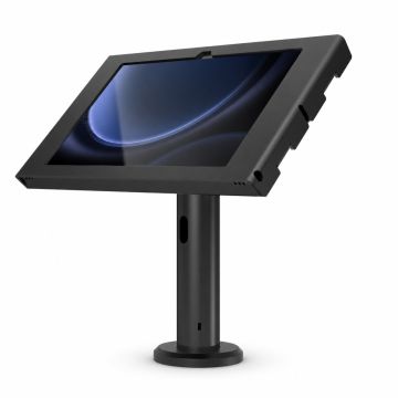 Vue latérale du support de table Compulocks Rise avec un Samsung Galaxy Tab S10 FE, noir, en position debout.