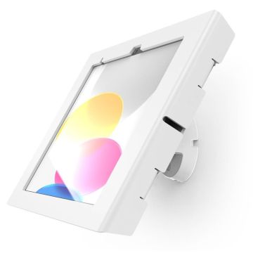 Vue d'angle du support mural Compulocks Bow Apex blanc pour iPad, avec une vue claire de l'écran et des détails de montage visibles.