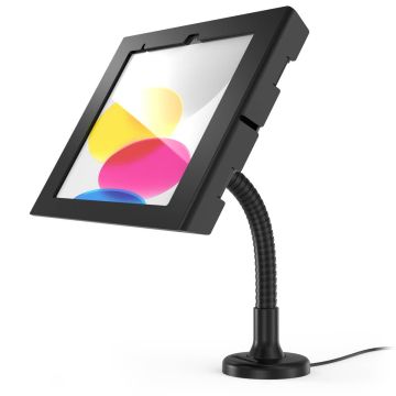 Vue latérale du support de table Compulocks Flex Apex pour iPad, avec bras flexible et design noir.