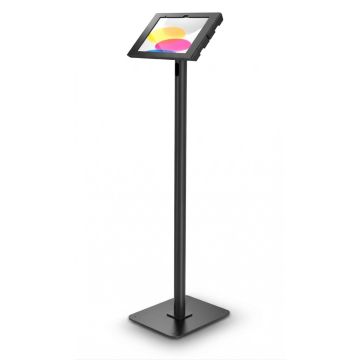 Vue latérale du support de sol Compulocks Swift Swell pour iPad, noir avec un écran clair en cours d'utilisation.