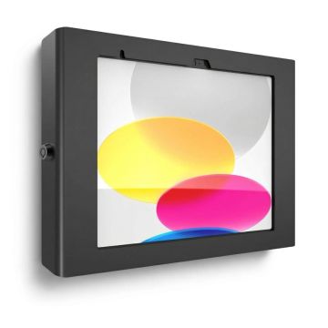 Vue latérale du support mural Compulocks Apex pour iPad, avec un fond coloré et un mécanisme de verrouillage visible.