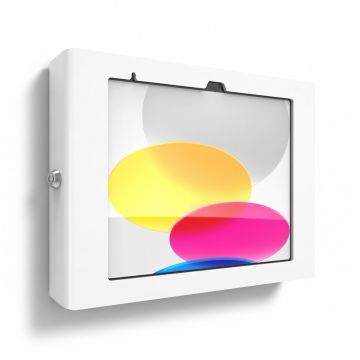 Vue latérale du support mural Compulocks Apex pour iPad avec fond coloré, monté au mur.