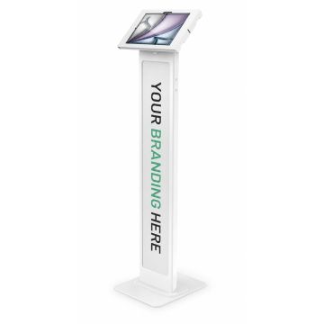 Vue latérale du support au sol Compulocks BrandMe Apex pour iPad Air 11 pouces, avec option de marquage sur le côté.