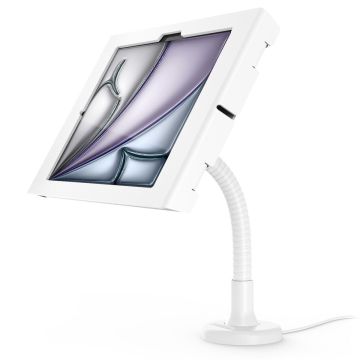 Vue latérale du support de table Compulocks Flex Apex pour iPad Air 11 pouces, avec bras flexible et design blanc.