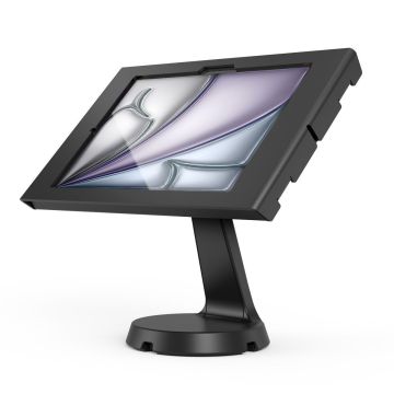 Vue latérale du support de table Compulocks Mast Apex pour iPad Air 11 pouces, noir, avec une position inclinée.