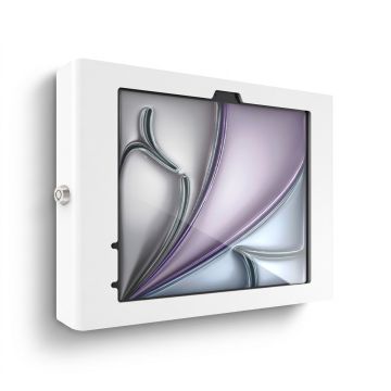 Vue latérale du support mural Compulocks Apex pour iPad Air 11 pouces, avec un design blanc épuré et une ouverture bien visible pour l'iPad.