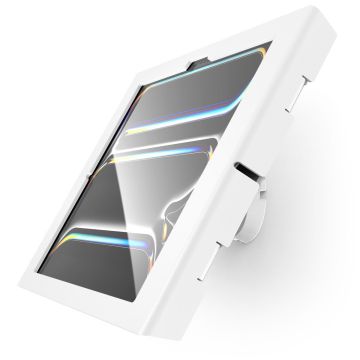 Vue latérale du support mural Compulocks Bow Apex pour iPad Pro 13 pouces, avec une finition brillante et des détails de montage visibles.