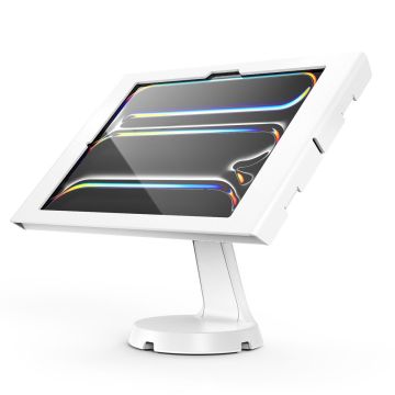 Vue latérale du support de table Compulocks Mast Apex pour iPad Pro 13 pouces en blanc, avec un écran clair.