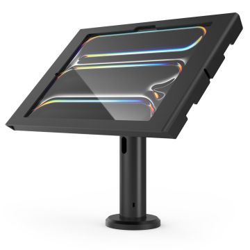 Vue latérale du support de table Compulocks Rise avec un iPad Pro, bien visible en position debout.