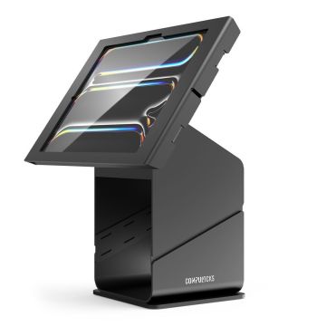 Vue latérale du kiosque d'imprimante pour tablette Compulocks avec un iPad Pro 13 pouces, noir, en cours d'utilisation.