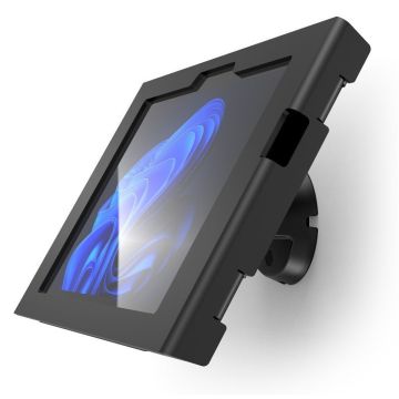Vue latérale du support mural noir Compulocks Bow Apex pour Microsoft Surface Go 4, monté au mur.