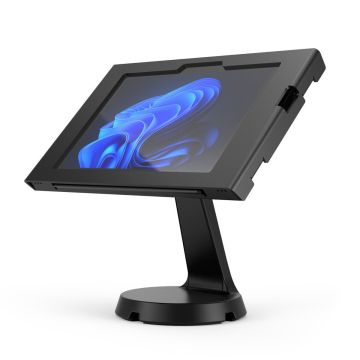 Vue latérale du support de table Compulocks Mast Apex pour Microsoft Surface Go 4, montrant une position inclinée pour l'utilisation.