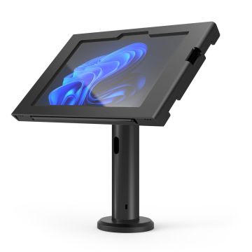 Vue latérale du support de table Compulocks Rise pour Microsoft Surface Go 4, avec une tablette inclinée.