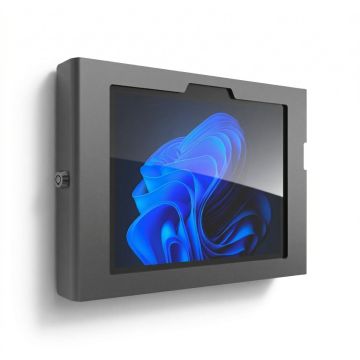 Vue latérale du support mural Compulocks Apex pour Microsoft Surface Go 4, monté au mur avec un verrou de sécurité.