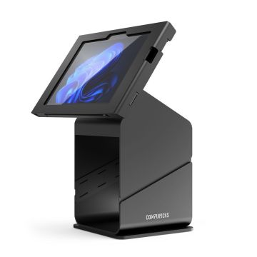 Vue latérale du kiosque d'imprimante pour tablette Compulocks avec une Microsoft Surface Go 4, en position ouverte.