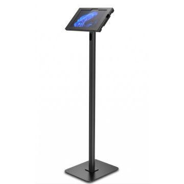 Vue latérale du support au sol Compulocks Swift Apex pour Microsoft Surface Go 4 en noir, avec une tablette montée.