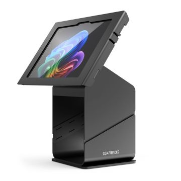 Vue latérale du kiosque d'imprimante pour tablette Compulocks noir avec une Microsoft Surface Pro 11 utilisée.