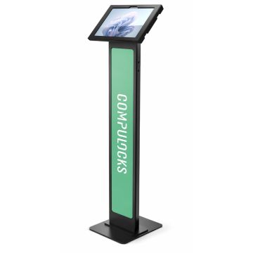 Vue latérale du support de sol Compulocks BrandMe Apex pour Microsoft Surface Pro 11 avec un design noir.