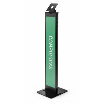 Vue latérale du support de sol Compulocks BrandMe VESA en noir avec la marque verte.