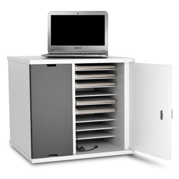 Armoire de chargement ouverte pour Chromebook Zioxi avec compartiments visibles pour 10 Chromebooks et un ordinateur portable sur le dessus.