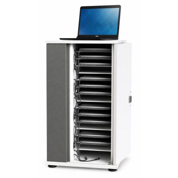 Vue latérale de l'armoire de chargement Zioxi Chromebook avec compartiments ouverts pour 16 Chromebooks et un ordinateur portable sur le dessus.