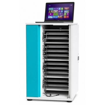 Armoire de chargement pour ordinateur portable Zioxi onView2 ouverte avec compartiments de chargement et gestion des câbles visibles, ordinateur portable sur le dessus.