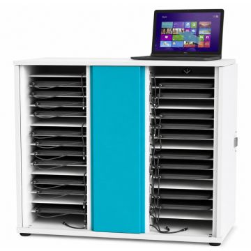 Armoire de chargement pour ordinateur portable Zioxi ouverte pour 32 ordinateurs portables avec compartiments de chargement visibles et un ordinateur portable sur le dessus.